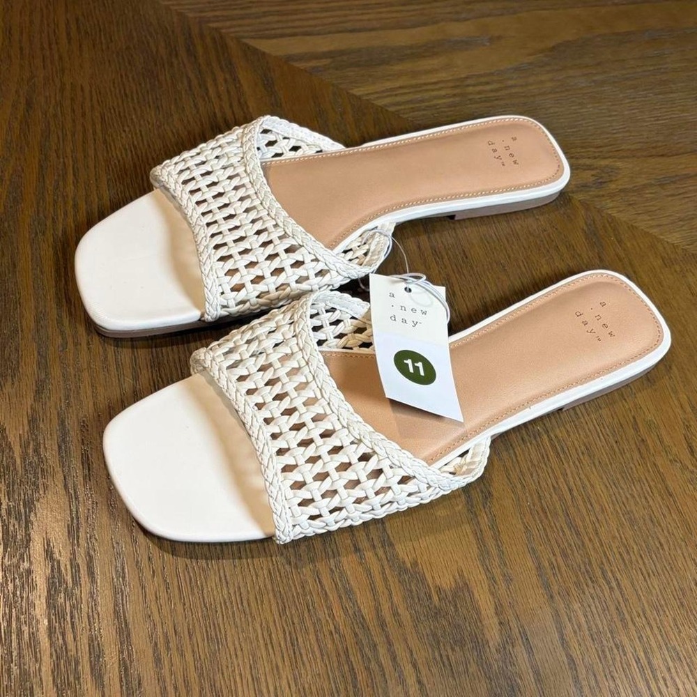 A New Day Belle Woven Square Toe Slide Sandals Cream White Flat Slip On